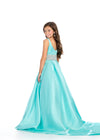 Back - Aqua ASHLEYlauren 8276 satin kids ball gown featuring a scoop neckline, V-back, and a fully beaded waistband for an elegant and glamorous touch.