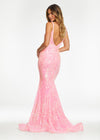 Back - Baby Pink ASHLEYlauren 11113 stretch sequin gown featuring spaghetti straps, an illusion V-neckline, deep V-back, and a horsehair hem for a sleek and glamorous statement look.