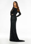 Back - Black ASHLEYlauren 11176 off shoulder sequin gown featuring long sleeves, a fitted silhouette, an inner corset for added structure, and a sweeping train for a dramatic and glamorous look.
