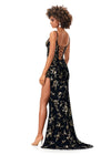 Back - Black ASHLEYlauren 11360 floral beaded gown featuring a corset bustier with plunging V-neckline, lace-up back, and a fitted skirt with a high left leg slit.