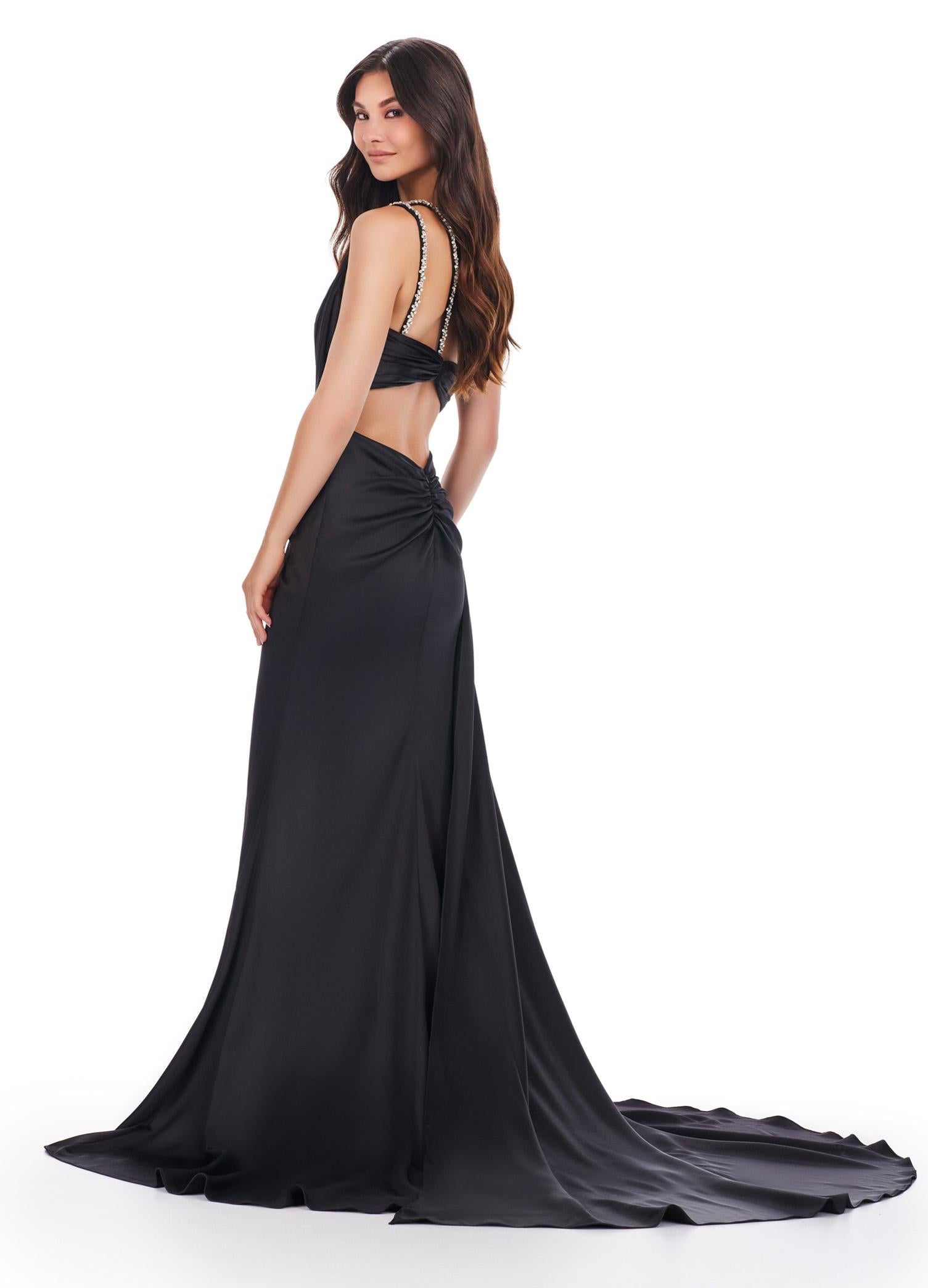 Back - Black ASHLEYlauren 11537 one shoulder satin gown featuring a ruched bustier, beaded crystal straps and waist accents, and a draped side skirt for an elegant, glamorous finish.