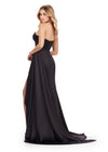 Back - Black ASHLEYlauren 11576 ruched satin gown featuring a Grecian-inspired one shoulder neckline, sweetheart bustier, left leg slit, and a side train for an elegant, flowing finish.