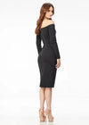 Back - Black ASHLEYlauren 4514 elegant off shoulder scuba gown featuring long sleeves, a tea-length fitted skirt, high back with exposed zipper, and back center vent for a sophisticated and timeless look.