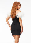 Back - Black/White ASHLEYlauren 4523 off shoulder scuba cocktail dress featuring a sweetheart neckline, feather details, and signature contour seaming for a flattering and elegant silhouette.