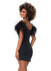Back - Black ASHLEYlauren 4523 off shoulder scuba cocktail dress featuring a sweetheart neckline, feather details, and signature contour seaming for a flattering and elegant silhouette.