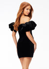 Back - Black ASHLEYlauren 4528 off shoulder stretch velvet cocktail dress featuring an oversized ruffle detail and contoured seaming throughout the fitted skirt for a chic, curve-enhancing look.