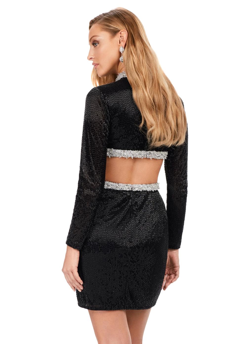 Back - Black ASHLEYlauren 4583 liquid beaded cocktail dress featuring a V-neckline, dramatic cut-outs, long sleeves, and a fitted silhouette for a bold and head-turning look.
