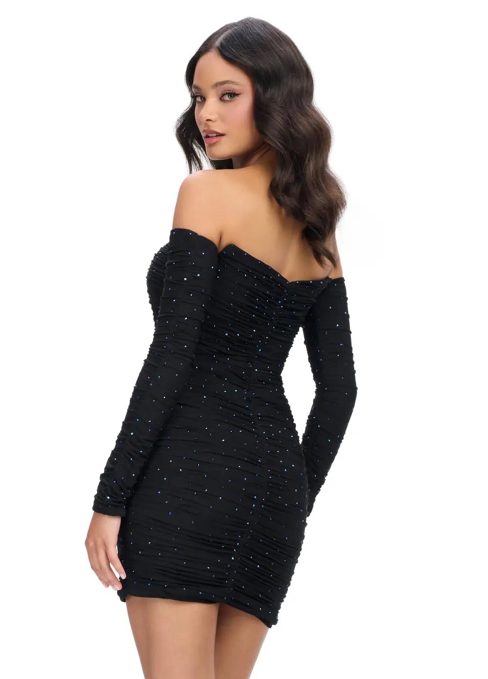 Back - Black ASHLEYlauren 4598 form-fitting strapless cocktail dress featuring elegant ruching, detachable sleeves, and heat-set stones for a glamorous and versatile statement look.