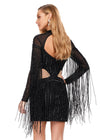 Back - Black ASHLEYlauren 4601 fully beaded cocktail dress featuring a sweetheart neckline, illusion cut outs at the waist, open back, fitted skirt, and long sleeves with fringe for a dramatic and show-stopping look.