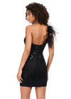 Back - Black ASHLEYlauren 4612 fully sequin cocktail dress featuring a one shoulder neckline with feather details, an intricately beaded bustier, and a fitted skirt for a bold and glamorous look.