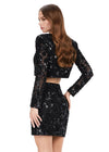 Back - Black ASHLEYlauren 4618 three piece set featuring a fully liquid beaded crop top, intricately beaded jacket, and a fitted skirt with a slit for a bold and fashionable statement look.