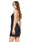 Back - Black ASHLEYlauren 4625 fully beaded sequin cocktail dress featuring a sweetheart neckline, double spaghetti straps, fitted silhouette, and lace-up back for a glamorous and elegant look.