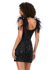 Back - Black ASHLEYlauren 4626 fully beaded cocktail dress featuring a sweetheart neckline, feather-detailed straps, intricate beadwork, and a wrap skirt for a bold and show-stopping look.