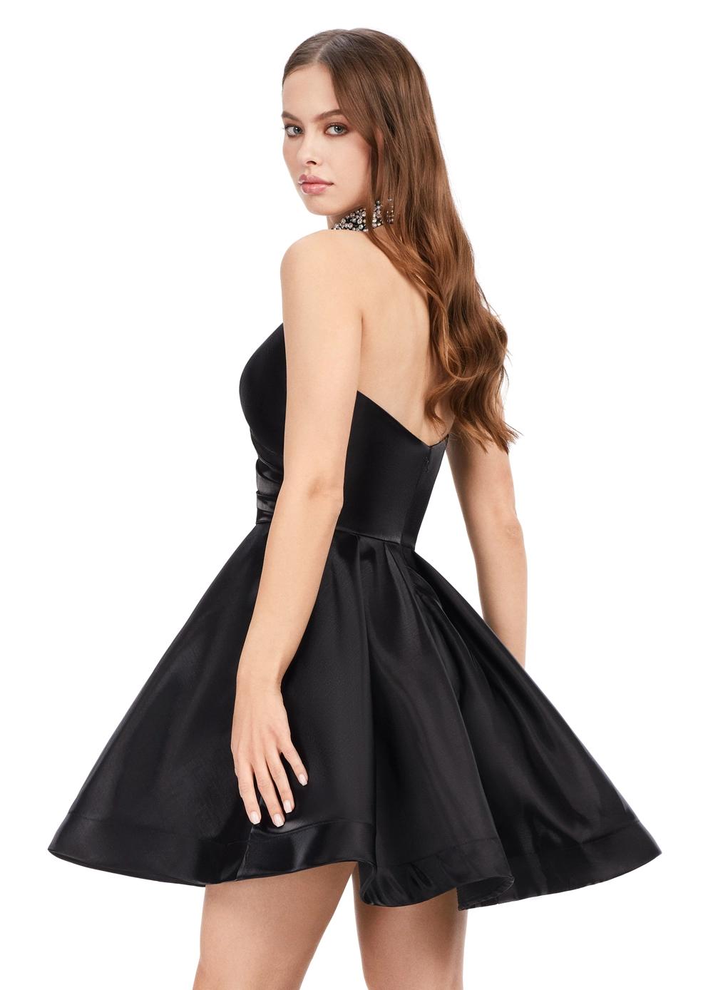 Back - Black ASHLEYlauren 4644 strapless satin cocktail dress featuring a sweetheart neckline, A-line skirt, and a fully beaded choker for an elegant and sophisticated look.