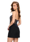 Back - Black ASHLEYlauren 4716 Cocktail Dress with Illusion V-Neckline, Corset Bustier, and Wrap Skirt