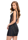 Back - Black ASHLEYlauren 4723 V-Neck Cocktail Dress with Press-On Stones and Fitted Skirt