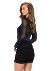 Back - Black ASHLEYlauren 4736 fitted cocktail dress featuring a high neckline, illusion long sleeves, press-on heat set stones accentuating the collar, cuffs, and waistline for a glamorous and curve-enhancing look.