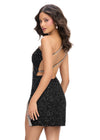 Back - Black ASHLEYlauren 4754 fully hand-beaded cocktail dress featuring a one shoulder neckline, asymmetrical cut out, open back, fitted skirt, and a left leg slit for a bold and glamorous look.