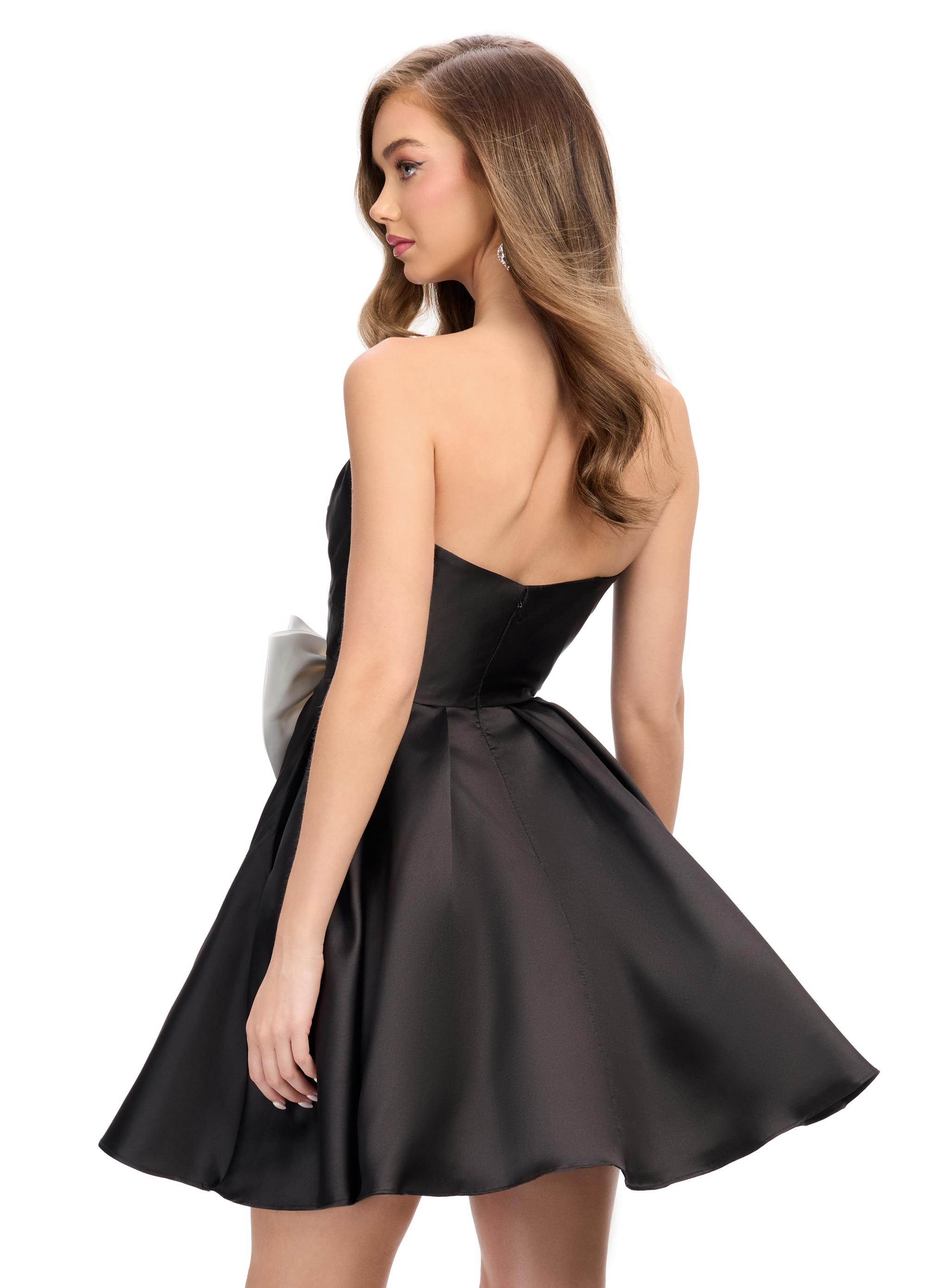 Back - Black ASHLEYlauren 4783 Mikado cocktail dress featuring a sweetheart neckline, an elegant A-line skirt, and an oversized bow accent for a show-stopping and sophisticated look.