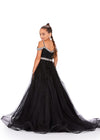 Back - Black ASHLEYlauren 8242 kids gown featuring an off-shoulder design, crystal beaded straps, neckline trim, and belt, adorned with lace applique, press-on stones, and feather accents for a glamorous and elegant look.