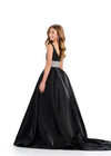 Back - Black ASHLEYlauren 8276 satin kids ball gown featuring a scoop neckline, V-back, and a fully beaded waistband for an elegant and glamorous touch.