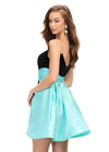 Back - Black/Aqua ASHLEYlauren 4734 strapless stretch velvet cocktail dress featuring a fitted skirt, satin wrap belt, and an A-line satin overskirt for an elegant and sophisticated look.