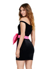 Back - Black/Pink ASHLEYlauren 4643 off shoulder velvet cocktail dress featuring a fitted skirt, satin belt, and oversized bow detail for a chic and elegant look.