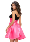 Back - Black/Pink ASHLEYlauren 4734 strapless stretch velvet cocktail dress featuring a fitted skirt, satin wrap belt, and an A-line satin overskirt for an elegant and sophisticated look.