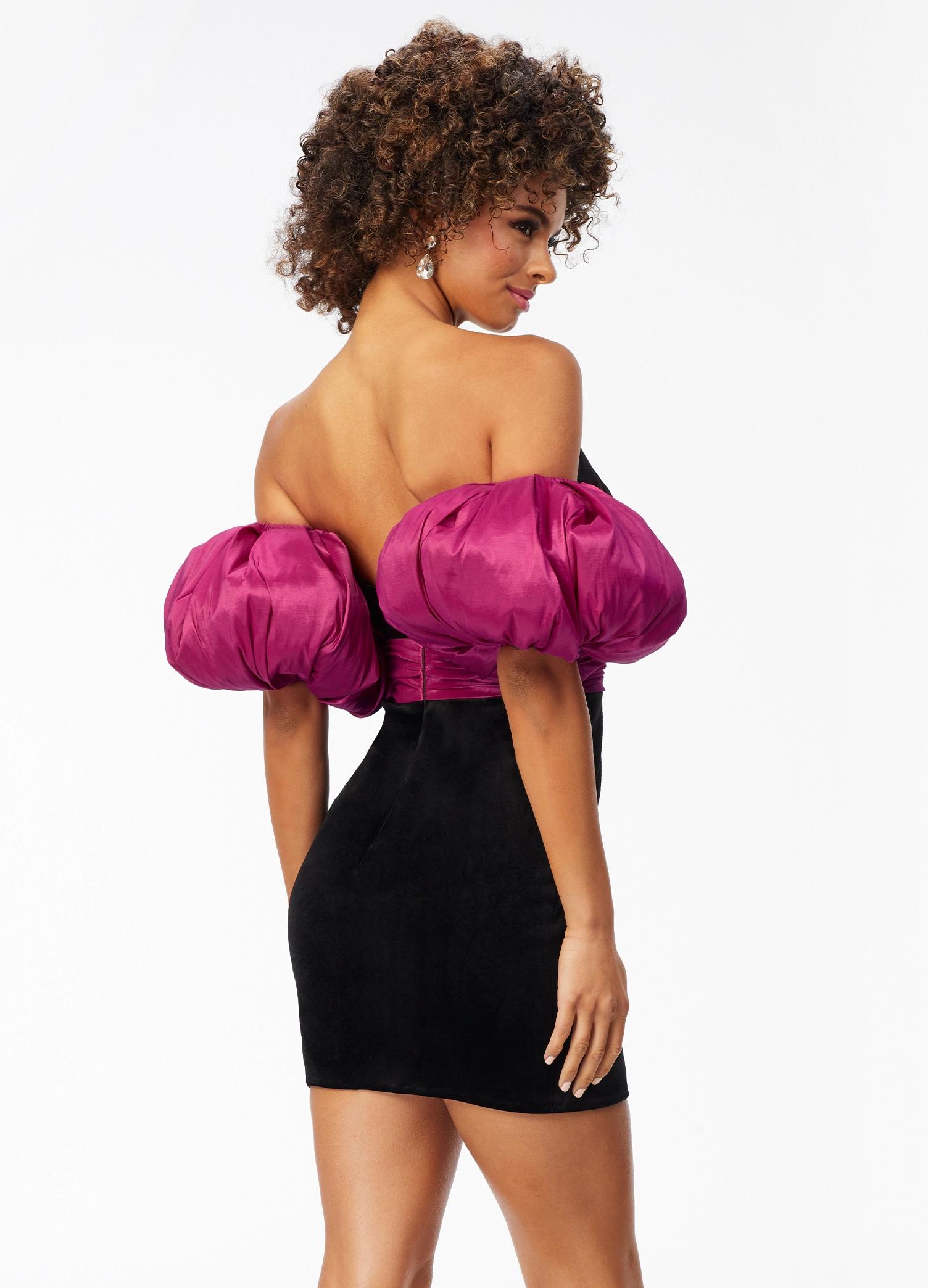 Back - Black/Raspberry ASHLEYlauren 4559 elegant strapless velvet cocktail dress featuring a sweetheart V-neckline, taffeta wrapped waistline, detachable puff sleeves, and a fitted skirt for a sophisticated and statement-making look.