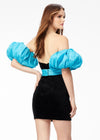 Back - Black/Turquoise ASHLEYlauren 4559 elegant strapless velvet cocktail dress featuring a sweetheart V-neckline, taffeta wrapped waistline, detachable puff sleeves, and a fitted skirt for a sophisticated and statement-making look.