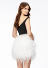 Back - Black/White ASHLEYlauren 4536 off shoulder cocktail dress featuring a sweetheart neckline, crystal-encrusted belt, and a fitted fully feather skirt for a glamorous and elegant look.