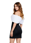 Back - Black/White ASHLEYlauren 4640 off shoulder scuba cocktail dress featuring oversized bow details, off shoulder straps, and a fitted skirt for a chic and elegant look.