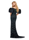 Back - Black/green ASHLEYlauren 11432 fully beaded gown featuring an off-shoulder neckline and glamorous taffeta puff sleeves for an elegant and statement-making look.