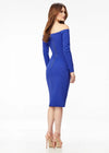 Back - Blue ASHLEYlauren 4514 elegant off shoulder scuba gown featuring long sleeves, a tea-length fitted skirt, high back with exposed zipper, and back center vent for a sophisticated and timeless look.