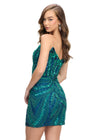 Back - Blue/Jade ASHLEYlauren 4500 strapless gown featuring a plunging V-neckline, ornate sequin bead pattern, and striking V-back for a bold and glamorous look.