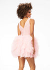 Back - Blush ASHLEYlauren 4546 A-line cocktail dress featuring a V-neckline, ruched bustier with scattered embellishments, and a layered ruffle tulle skirt for a sweet and statement-making look.