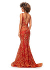Back - Burnt Orange ASHLEYlauren 11113 stretch sequin gown featuring spaghetti straps, an illusion V-neckline, deep V-back, and a horsehair hem for a sleek and glamorous statement look.