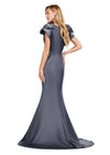 Back - Charcoal ASHLEYlauren 11415 double-faced satin gown featuring a crew neckline, oversized bow shoulder details, and radiant beading on layered shoulder straps for an elegant finish.
