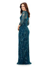Back - Dark teal ASHLEYlauren 11208 Elegant Evening Gown with Crew Neckline, Intricate Hand Beaded Design, Fitted Mesh Sleeves, and High Illusion Back
