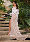 Back - Editorial White ASHLEYlauren 11359 fully beaded fitted gown featuring an off-shoulder sweetheart neckline, feather sleeves, and a left leg slit for added glamour.