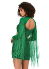 Back - Emerald ASHLEYlauren 4601 fully beaded cocktail dress featuring a sweetheart neckline, illusion cut outs at the waist, open back, fitted skirt, and long sleeves with fringe for a dramatic and show-stopping look.