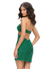 Back - Emerald ASHLEYlauren 4651 fully beaded cocktail dress featuring a sweetheart neckline, lace-up back, and feathered off shoulder sleeves for a glamorous and show-stopping look.