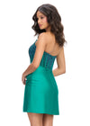 Back - Emerald ASHLEYlauren 4686 strapless cocktail dress featuring a corset bustier embellished with press-on stones, a sleek jersey skirt, and a left leg slit for a classic and glamorous look.