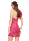 Back - Fuchsia ASHLEYlauren 4612 fully sequin cocktail dress featuring a one shoulder neckline with feather details, an intricately beaded bustier, and a fitted skirt for a bold and glamorous look.