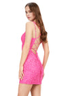 Back - Fuchsia ASHLEYlauren 4625 fully beaded sequin cocktail dress featuring a sweetheart neckline, double spaghetti straps, fitted silhouette, and lace-up back for a glamorous and elegant look.