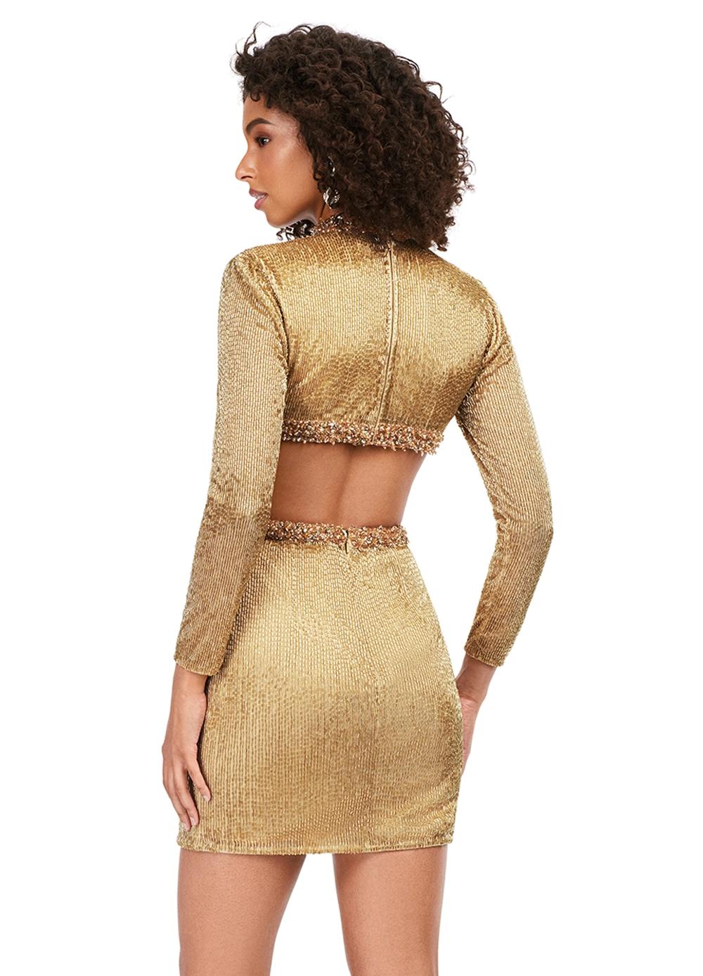 Back - Gold ASHLEYlauren 4583 liquid beaded cocktail dress featuring a V-neckline, dramatic cut-outs, long sleeves, and a fitted silhouette for a bold and head-turning look.
