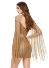 Back - Gold ASHLEYlauren 4601 fully beaded cocktail dress featuring a sweetheart neckline, illusion cut outs at the waist, open back, fitted skirt, and long sleeves with fringe for a dramatic and show-stopping look.