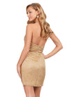 Back - Gold ASHLEYlauren 4620 liquid beaded cocktail dress featuring a deep V-neckline, open back, and elegant wrap skirt for a glamorous old Hollywood-inspired look.