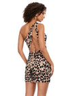 Back - Gold ASHLEYlauren 4630 fully beaded cocktail dress featuring a one shoulder neckline, hand-beaded cheetah design, fitted skirt, and lace-up back for a bold and standout look.