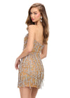 Back - Gold ASHLEYlauren 4756 strapless cocktail dress featuring an illusion deep V-neckline, fully hand-beaded design, fringe-adorned skirt, and a right leg slit for a glamorous and show-stopping look.
